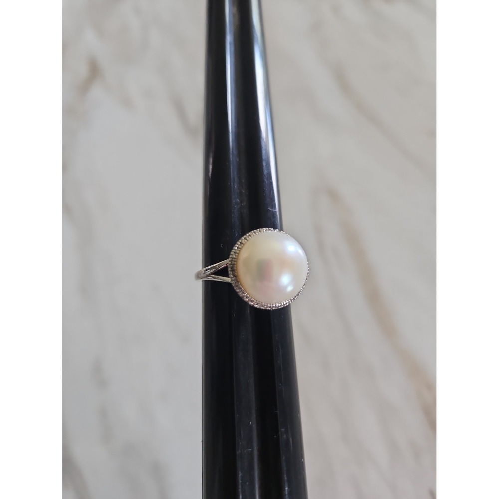 Honora Pearl Ring with Halo Signed 925 Silver Ring Size 7